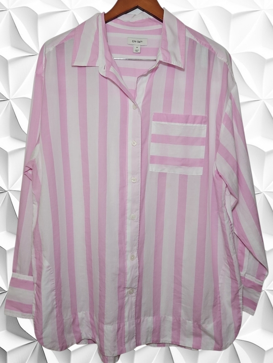 ON 34th Tops - ​ON-34th Pink White Striped Button Down Shirt 1X Cotton Long Sleeve Pocket
